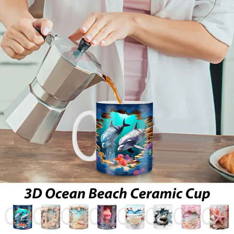 

3D Ocean Beach Ceramic Tea Cup Shark Coffee Mugs New Dolphin teaware cups with handle Hot Cold Water Milk drinkware travel mug