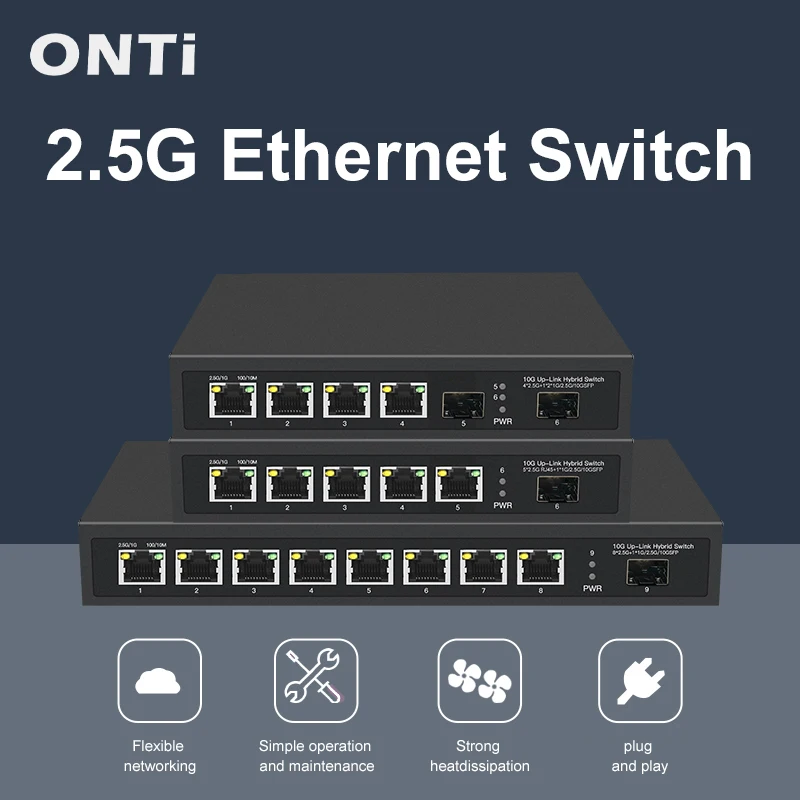 Interruptor de Rede Onti-ethernet Portas 2.5 Gbase-t 10gigabit Uplink Hub Plug And Play Divisor de Internet Fanless 2.5g