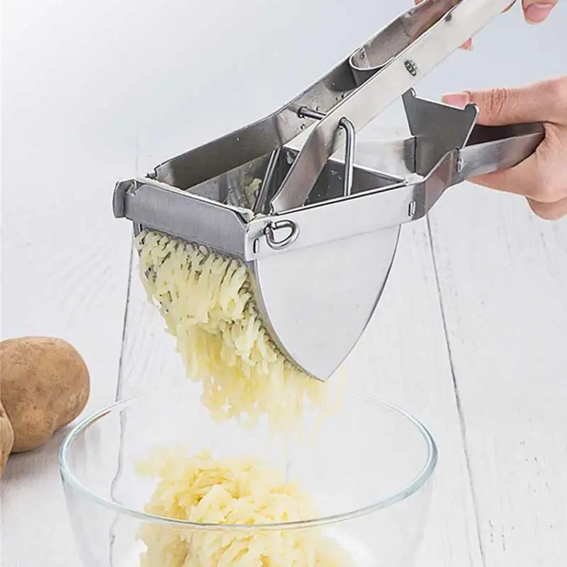 Professional stainless steel potato ricer for fluffy mashed potatoes.