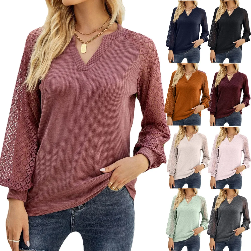

Women's Fall/Winter 2022 New Waffle Grace Stitching Long Sleeved V-Neck T-Shirt Top Women