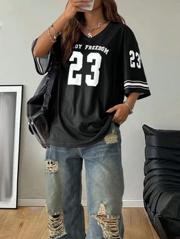 Summer New Black Enjoy Freedom 23 Print T-Shirt For Women V-Neck Short Sleeve Mesh Sports Football Jersey Y2K Oversized Tops 1