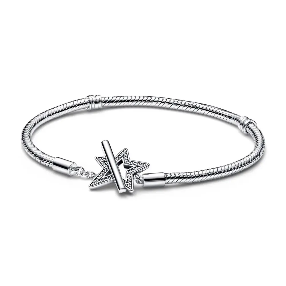 

Authentic 925 Sterling Silver Moments Asymmetric Star T-bar Fashion Snake Chain Bracelet Fit Women Bead Charm Gift DIY Jewelry