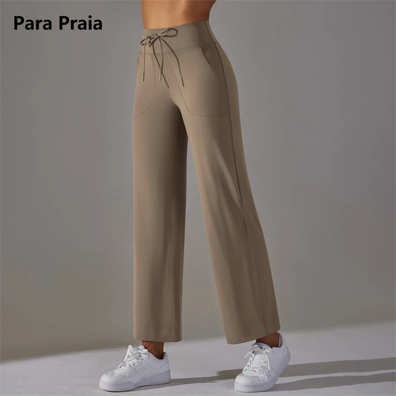 

Para Praia Wide Leg Pants With Pockets Drawstring Sports Trousers High Waist Women Flared Yoga Leggings Fitness Running Joggers