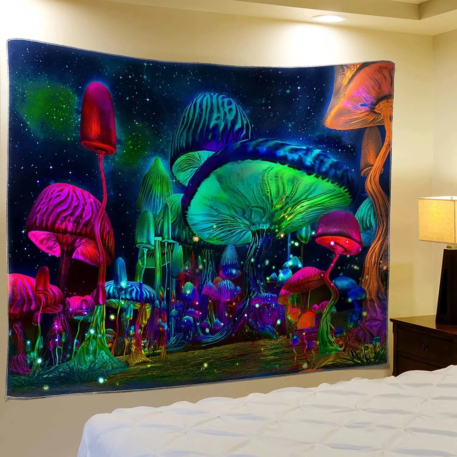Tapestry Decorations Bedroom Mushroom Tapestry Psychedelic Tapestry Fantasy Plant Starry Night Wall Mounted Black Light Poster For Room Home