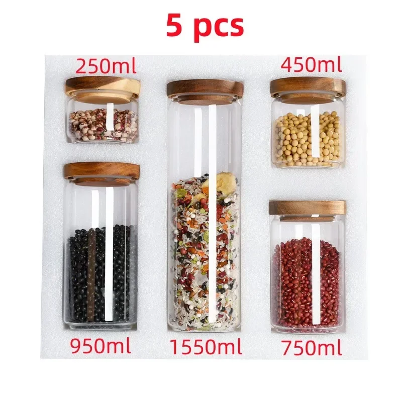 

5 Pcs Multi Size Glass Sealed Grain Storage Jars with Wooden Lid for Coffee Bean Rice Sugar Dried Fruit food Kitchen Organizer