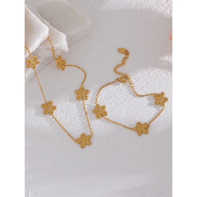 Yhpup Trendy Flower Chain Gold Color Necklace Bracelet Bangle Stainless Steel Summer Jewelry for Women Waterproof Party Gift 6