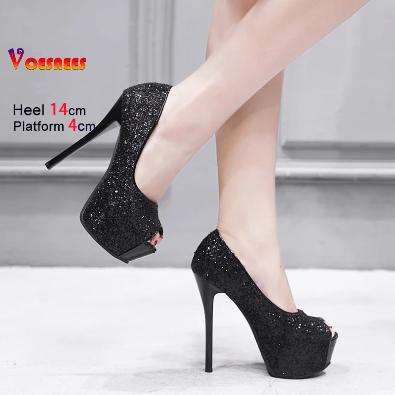 Glitter Sequin Women's Pumps 10 12 14CM Sexy Peep toe Wedding Party High Heels 2025 New Spring Thick Platform Black Single Shoes 3