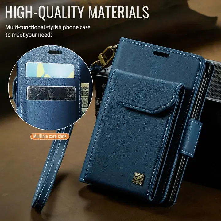 Leather Flip Wallet Case with Lanyard Strap for Foldable Phones - Shockproof Protective Cover