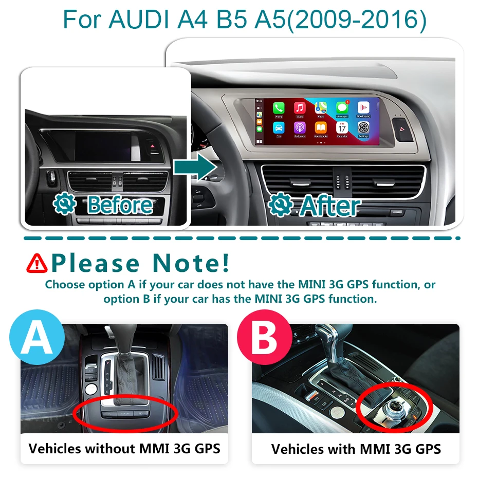 Pantalla de radio para coche de 8.8'' con Carplay inalámbrico y Android 15 para Audi A4 B8 2009-2016, estéreo 2Din, reproductor multimedia GPS, Google 4G LTE 2