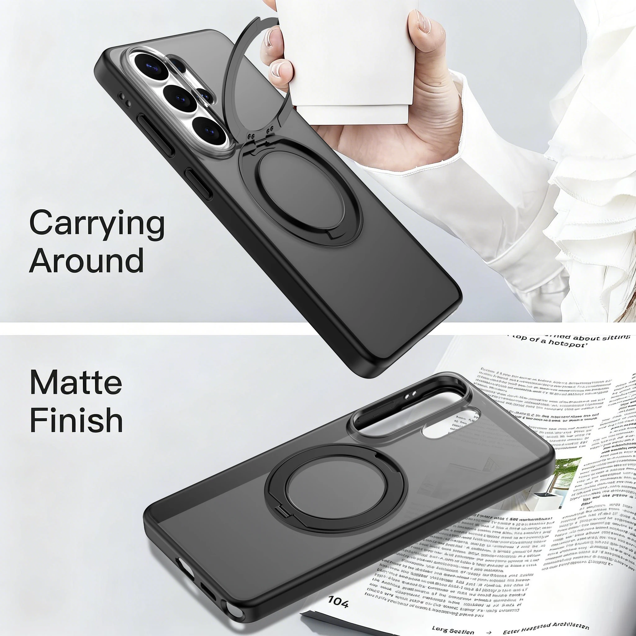 Translucent Armor Magnetic Phone Case with 360° Rotating Bracket and Matte Finish