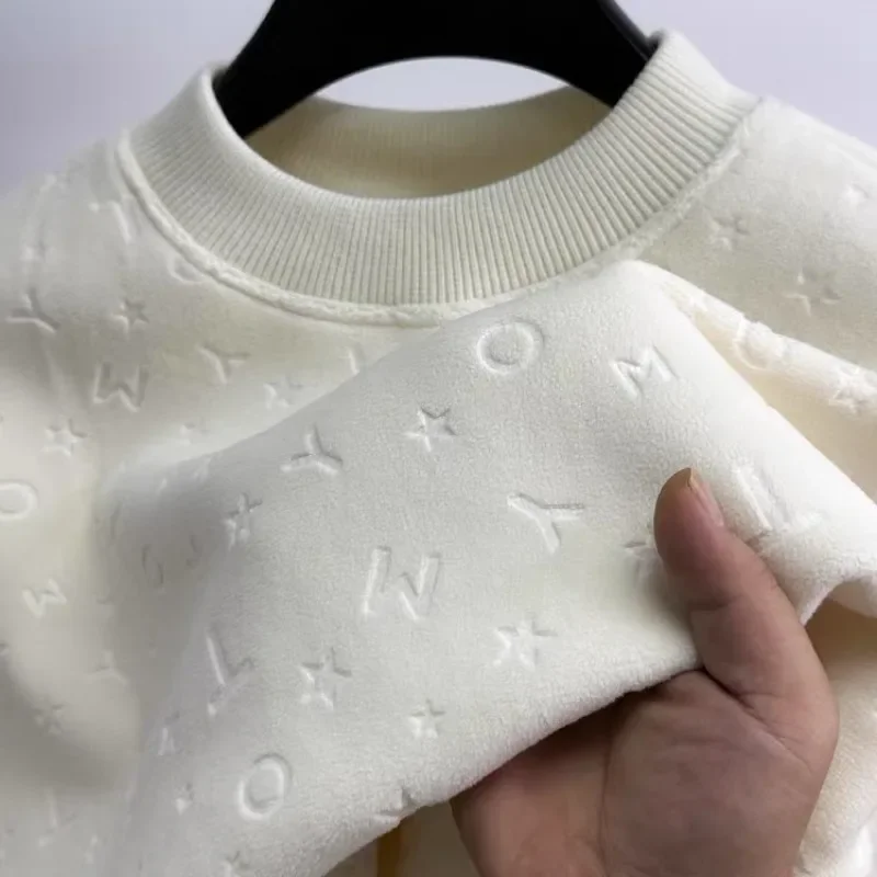 2024 New Men's Letter Embossed Plush Sweater, Thick T-shirt, Round Neck, Casual, Warm, Autumn, Winter, New Trend, Fashion, 811AA