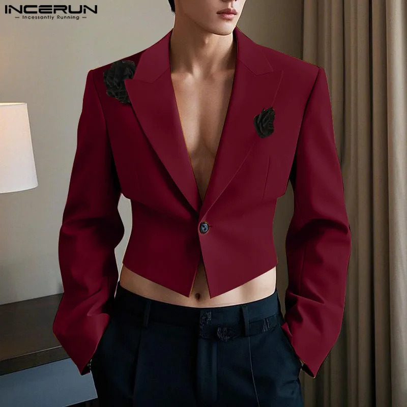 INCERUN Tops Korean Style Fashion Men Cropped Solid Patchwork Flower Suit Coats Streetwear Personality Long Sleeved Blazers