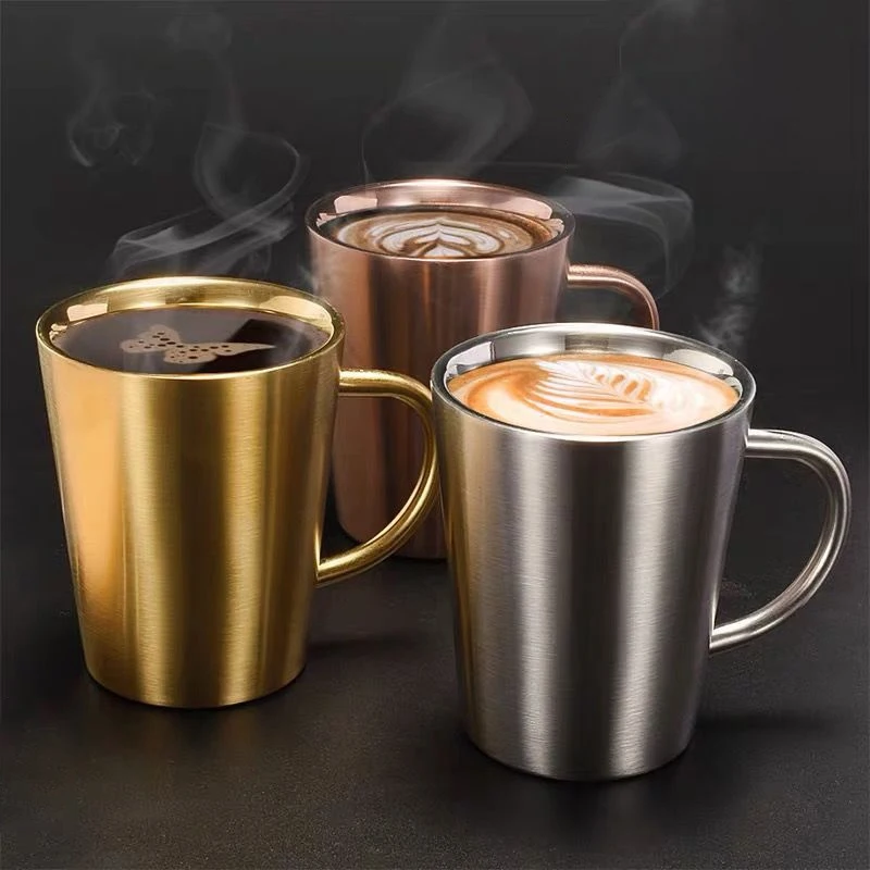 

300ml Double-Layer Water Cup Home Dining Drinkware Mugs 304 Stainless Steel Beer Cup Gold Sliver Coffee Mugs With Handle