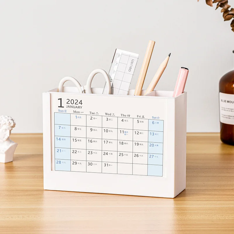 

Creative Pen Holder with Desk Calendar Desktop Stationery Organizer Large Capacity Pencil Storage Box School Office Supplies