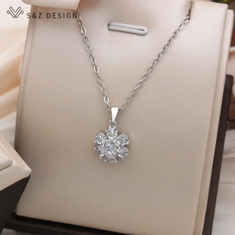 S&Z DESIGN New Fashion 585 Rose Gold Color Snowflake Pendant Necklace For Women Cubic Zirconia Jewelry Lovely Romantic Gift