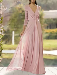 A-Line Mother of the Bride Dress Elegant V Neck Floor Length Chiffon Lace 3/4 Length Sleeve with Pleats elegant dress women for