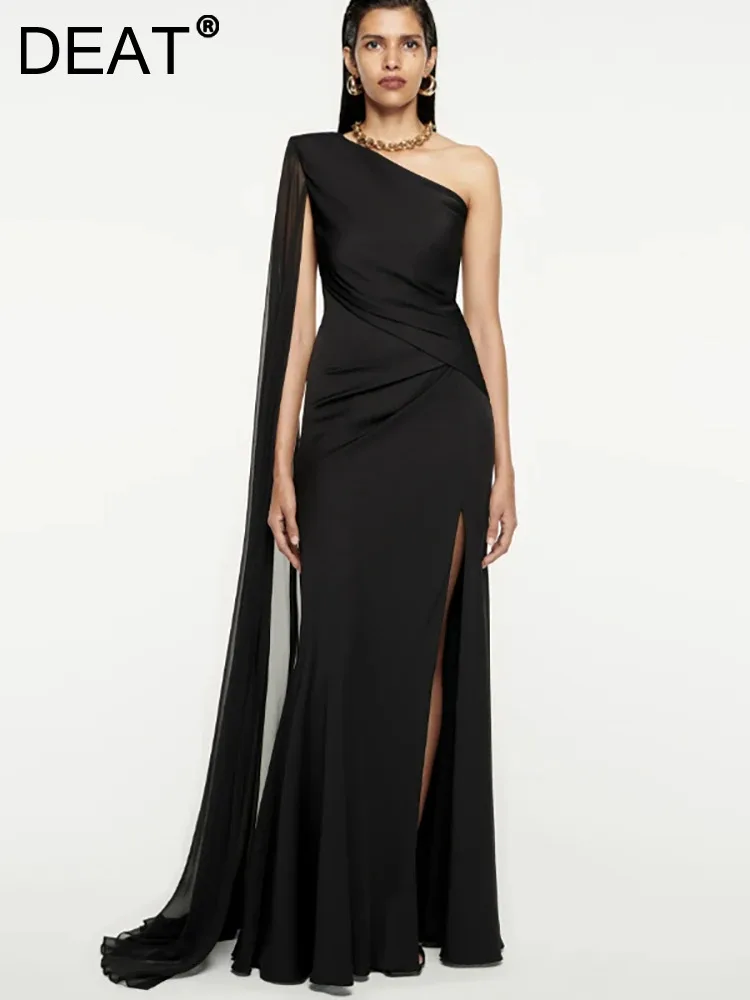 

DEAT Summer 2024 Women's Diagonal Collar Dress Sleeveless Split Floor Length Elegant Party Dresses Female Fashion New 13DB3511