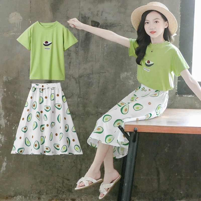 

2024 Korean Summer Junior Girl 2PCS Clothes Set School Girl Cotton T-shirt+Avocado Full Print Chiffon Skirt Set For Girl 4-15Yrs