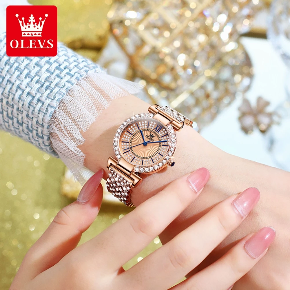OLEVS Fashion Quartz Watch for Women Luxury Stainless Steel Strap Diamond Inlay Dial Women's Watches Waterproof Wristwatch Reloj