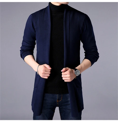 thumbnail image 1 of Nuevo suéter largo de primavera para hombre, chaqueta tipo cárdigan de punto extra largo, abrigo de suéter de color sólido, 1 of 5