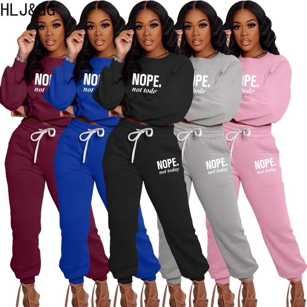 HLJ&GG Autumn Winter Letter Print Jogger Pants Sets Women Round Neck Long Sleeve Crop Top + Pants Two Piece Sets Casual Outfits