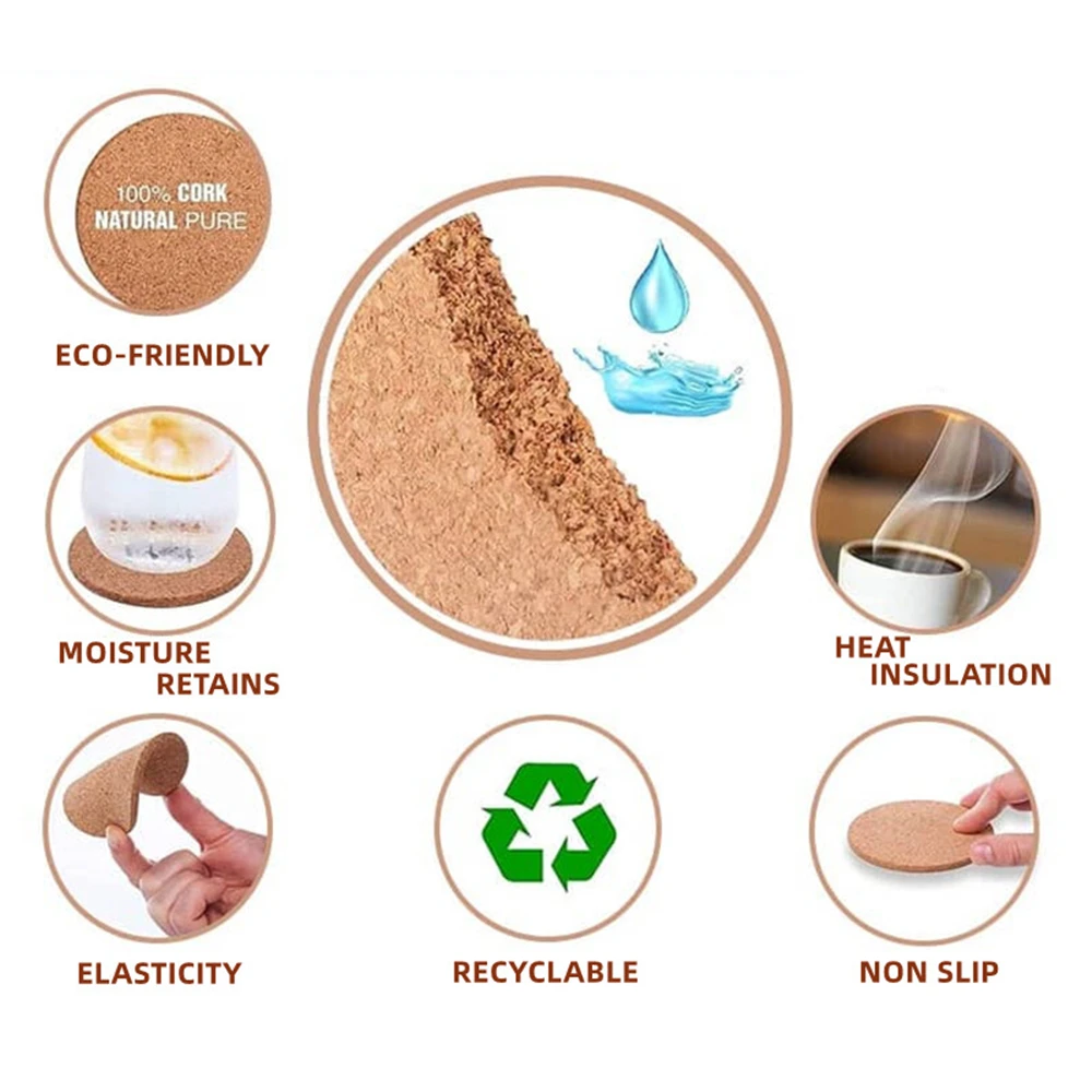 Set of 10 Natural Cork Coasters - Durable Non-Slip Wooden Drink Mats