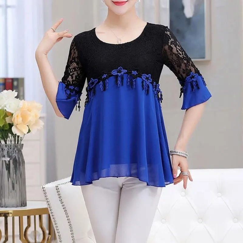 2023 New Summer Stylish Patchwork T-shirt Elegant Lace Hollow Out Sexy Female Clothing Applique Round Neck Half Sleeve Pullovers