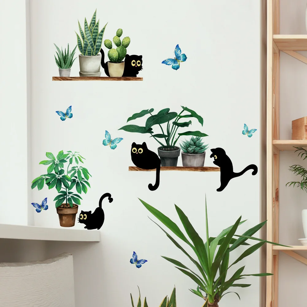 Green Plant Potted Black Cat Wall Sticker Living Room Background Decor Kitchen Home Decoration Wallpaper Self-adhesive Decals self adhesive wallpaper self adhesive stickers wall stickers adhesive wallpaper kitchen wall sticker