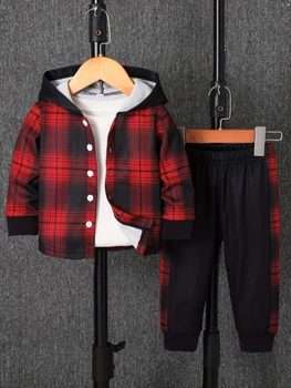Spring Autumn Plaid Print Baby Boy Long Sleeve Hooded Fleece Lined Shirt Color Block Pants Two-Piece Casual Outfit for Toddlers 1