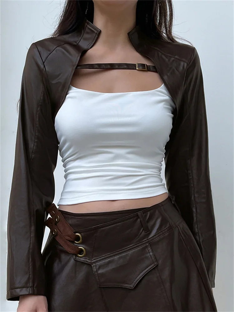 

2023 New Harajuku Vintage Street Style Brown PU Leather Micro Jackets For Women Fashion Long Sleeve Open Stitch Smock Tops