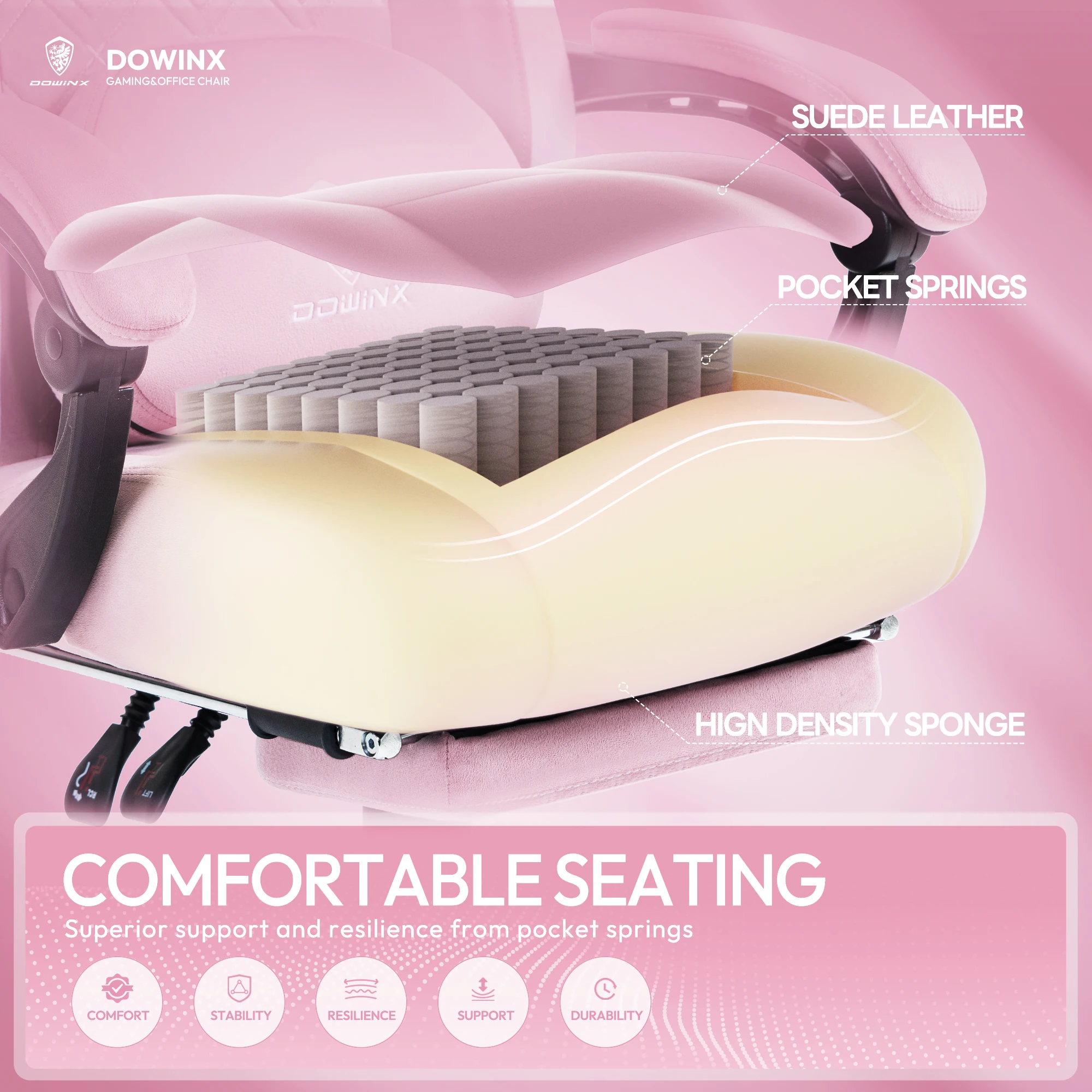 Dowinx Gaming Chair with Heated Massage Lumbar Support, Breathable Fabric Office Chair with Pocket Spring Cushion and Footrest, 5