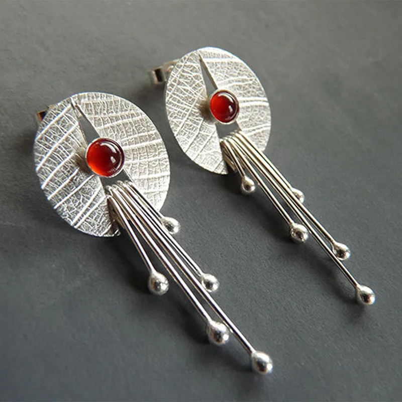 

Vintage Hollow Round Red Stone Dangle Earrings Lotus Leaf Silver Color Tassel Statement Earrings For Women Jewelry