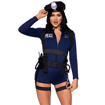 경찰 여성 섹시한 타이트 블루 바디수트 워키토키 세트, 코스프레 코스튬, 경찰 여성 할로윈 바인딩 밴드 점프수트 수갑 모자
