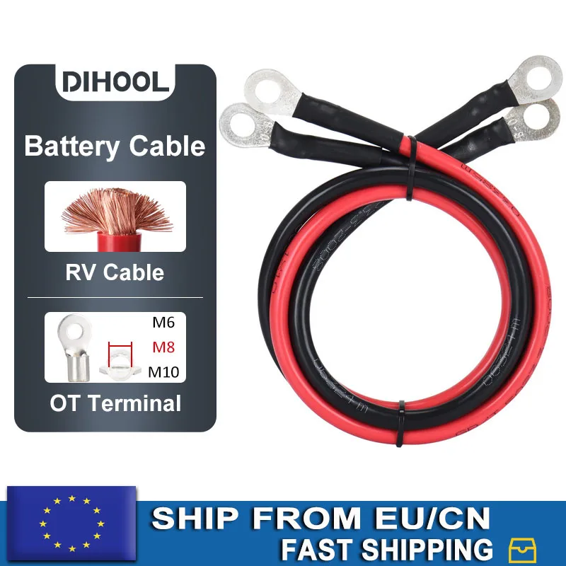 Battery Inverter Cable Set with Terminals (EU/CN Stock) 8/6/4/2AWG Stranded Copper Cord Solar