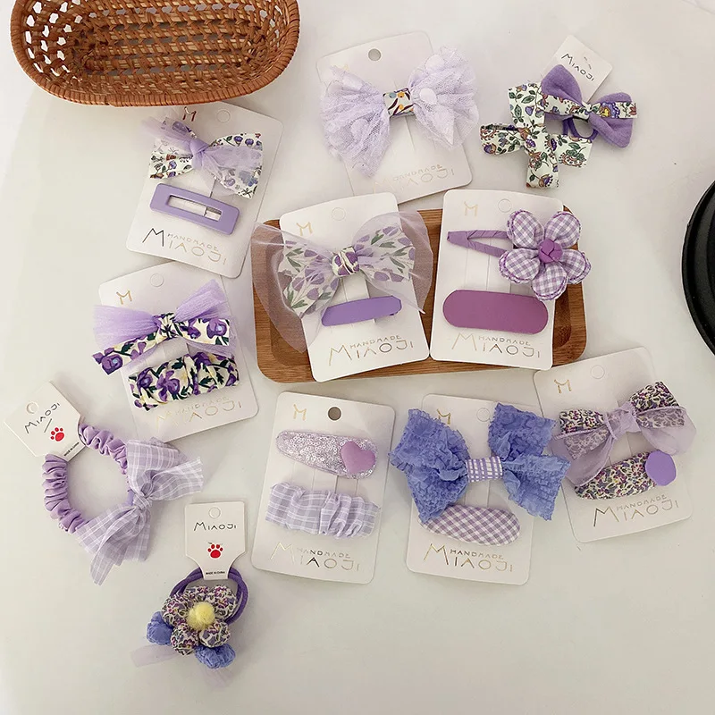 Korean Sweet Purple Bows Hairpins Fabric Floral Print Barrettes for Girls Hair Bands Headwear Girls Kids Hair Accessories