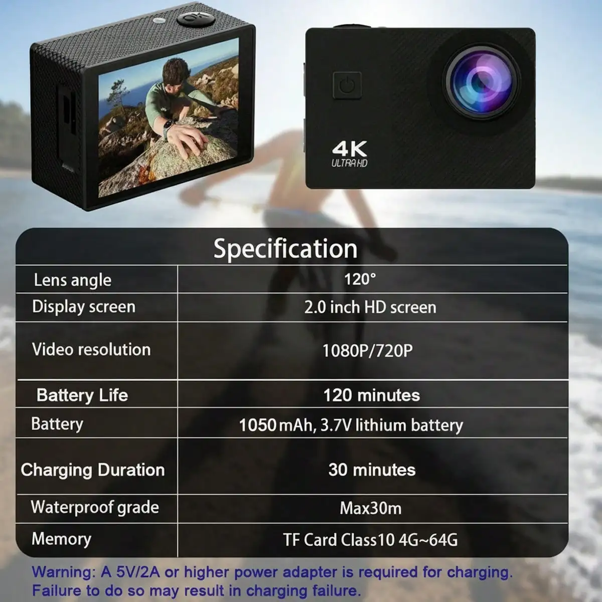 4K 초고화질 스포츠 카메라(타임랩스 촬영 기능 탑재, 2.0인치 디스플레이 화면)