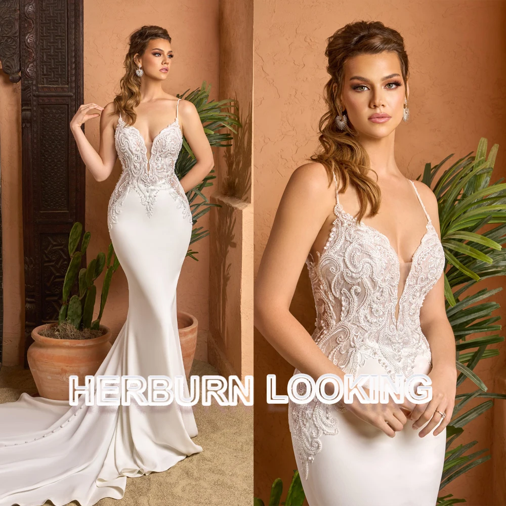 HERBURN Abito da Sposa Delicato Stile Sirena per Donne, con Applicazioni in Pizzo, Perline, Schiena Scoperta e Bottoni, Personalizzabile