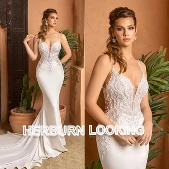 HERBURN Abito da Sposa Delicato Stile Sirena per Donne, con Applicazioni in Pizzo, Perline, Schiena Scoperta e Bottoni, Personalizzabile