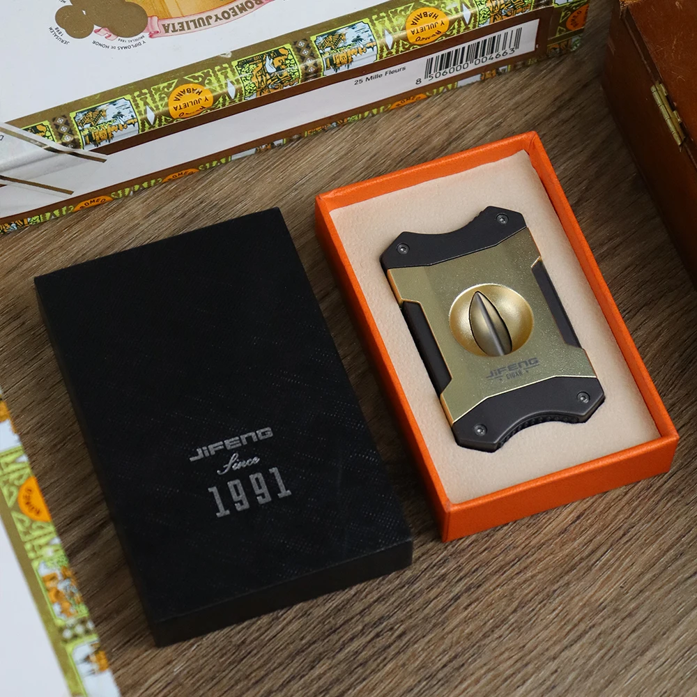 2IN1CigarCutterVCutCigarHolderSharpBladeCigarScissorsMetal