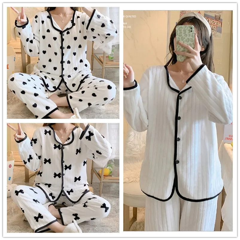 Winter cardigan thickened warm flannel pajamas for women cute and sweet long sleeved small lapel set coral velvet home wear