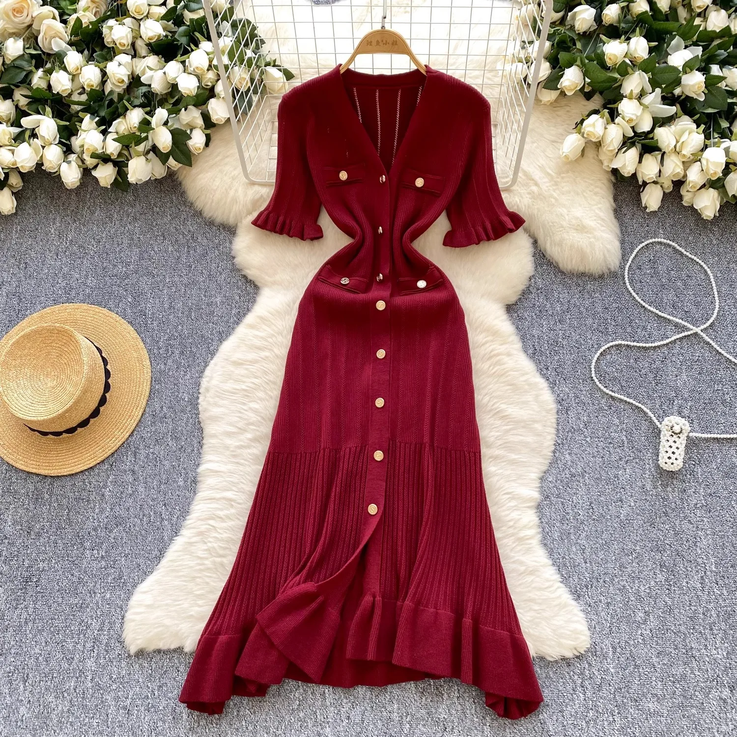 YuooMuoo Nouvelle Collection 2026 Robes Femme Marque Tendance Vintage Col V Volants Tricoté Longue Robe Élégante Soirée Vestidos