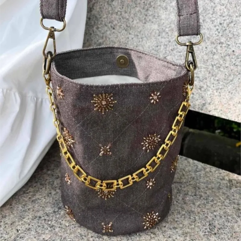 Retro Denim Bead Embroidery Shoulder Bag Women Chain Quilted Large Capacity Handbag Ladies Harajuku Versatile Crossbody Bag 2025