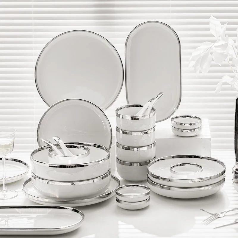 Nordic Style Silver Inlay Bright White Ceramic Dinner Sets Bowls Dish Plates Set Porcelain Dinnerware For Household Hotel