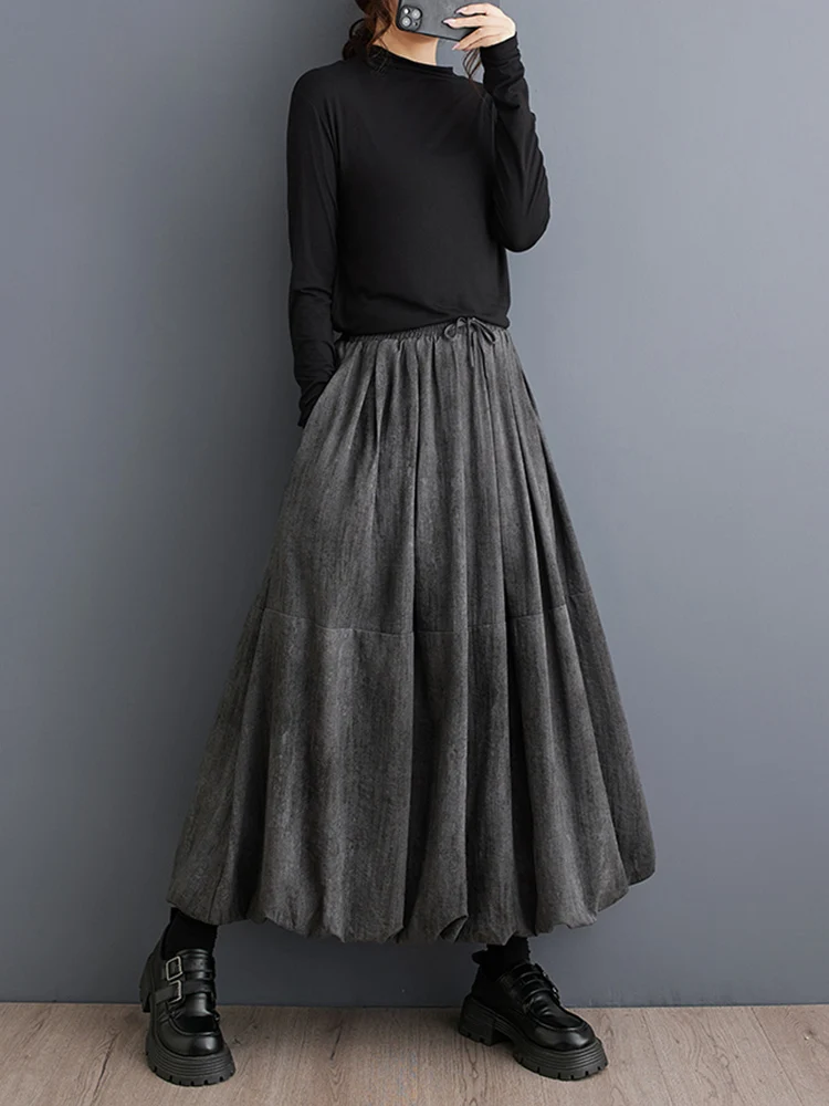 2025 Spring Autumn New Vintage High Waist Pleated Skirt Women Plus Size Fashion Drawstring Loose Casual Midi Skirts Clothing