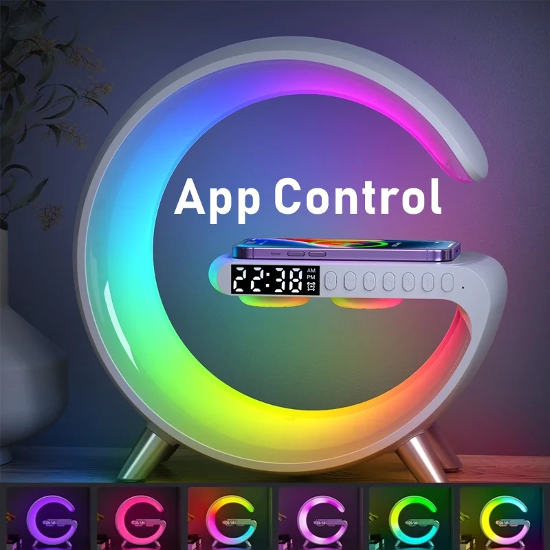 Sveglia Caricabatterie Wireless Controllo App Rgb Night Light Atmosphere Sleep Aid Lampada Altoparlante Stazione Di Ricarica Per Iphone Samsung