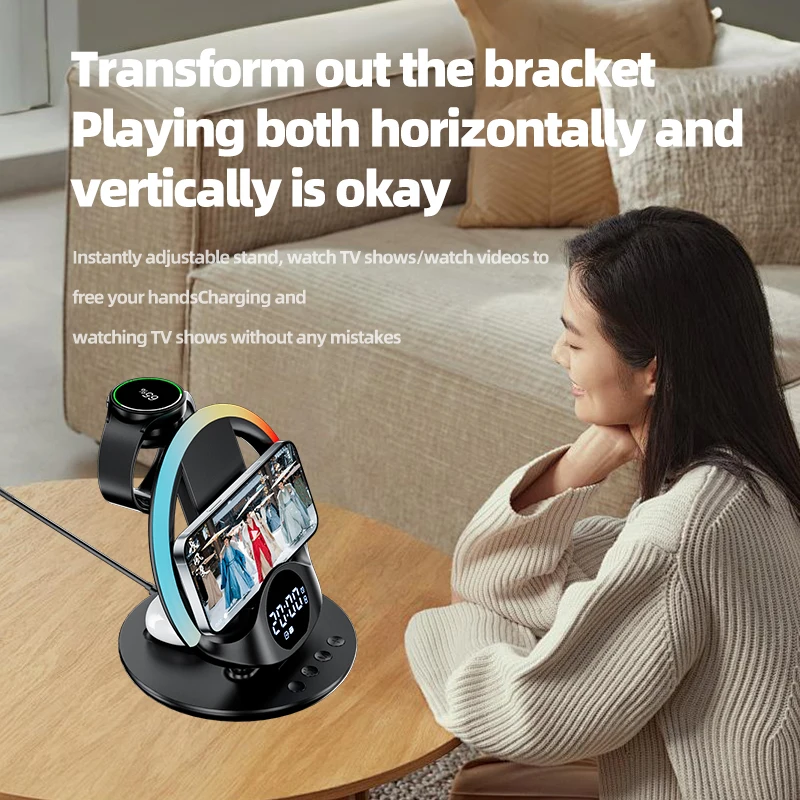 6 in 1 Wireless Charger Stand RGB Light & Alarm Clock for iPhone 17~12 Samsung Apple & Galaxy Watch Airpods 4/3 Pro Buds3/3 Pro