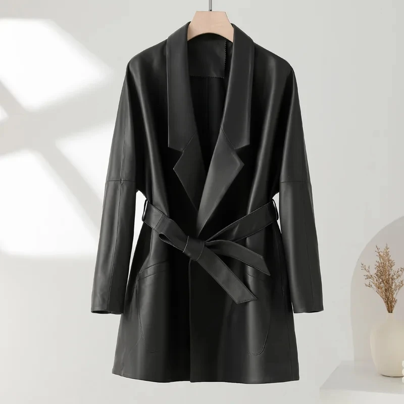 

Julypalette Genuine Sheepskin Women Midi Length Real Leather Trench Coats Fashion Lapel Collar Belt Pocket Ladies Lambskin Coats