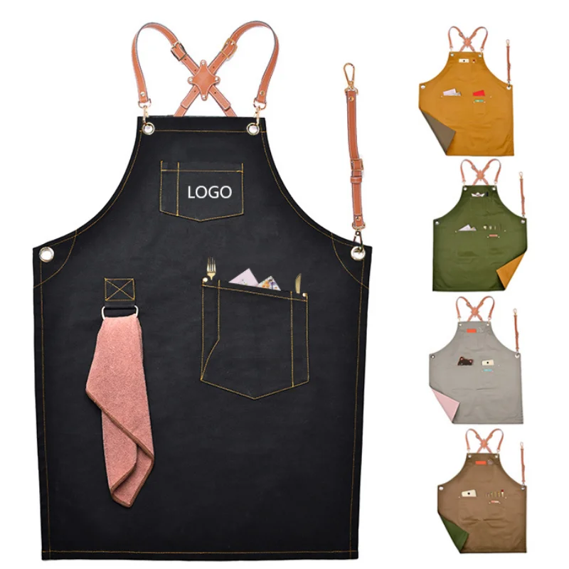 

New PU Leather Straps Denim Work Apron Barista Barber Work Clothes Restaurant Floral Apron For Woman Man Customized Brand Logo