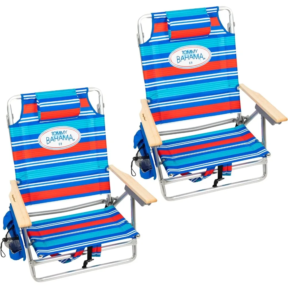 

Set of 2 5-Position Classic Lay Flat Backpack Beach Chairs with Cooler, Storage Pouch and Towel Bar, Red
