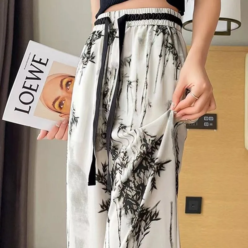 Ice Silk High Waisted Wide Leg Pants Women's 2024 Summer Thin Ink Chinese Style Casual Sunscreen Chiffon Printed Pants